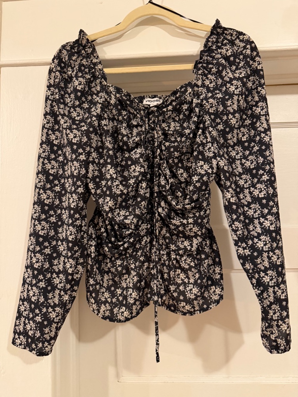 Vigoss Black Floral Ruched Tie-Front Blouse
